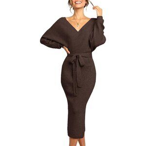 Women's Sweater Dress Wrap Batwing V Neck Slit Bodycon Dress Valentine Brown